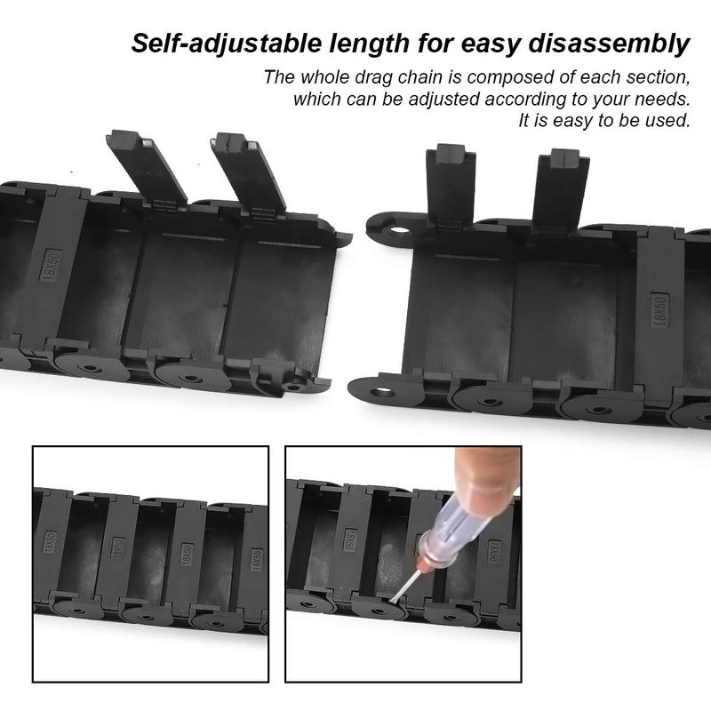 LMioEtool Pack of 2, R38 18mm x 50mm(Inner H x Inner W) Black Plastic Cable Wire Carrier Drag Chain 1M Length for CNC, with End Connectors - Semi Enclosed Type (Inner Side openable) - Image 5